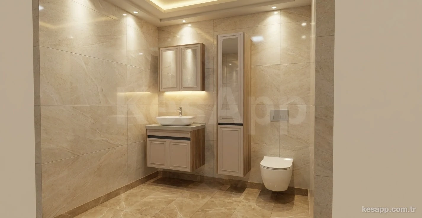 Taş duvarlar, ahşap mobilya ve sıcak aydınlatmayla banyo render çalışması