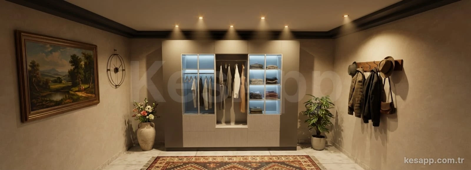 Özel ölçü dolap ve aydınlatmalı raflardan oluşan giyinme alanı renderı