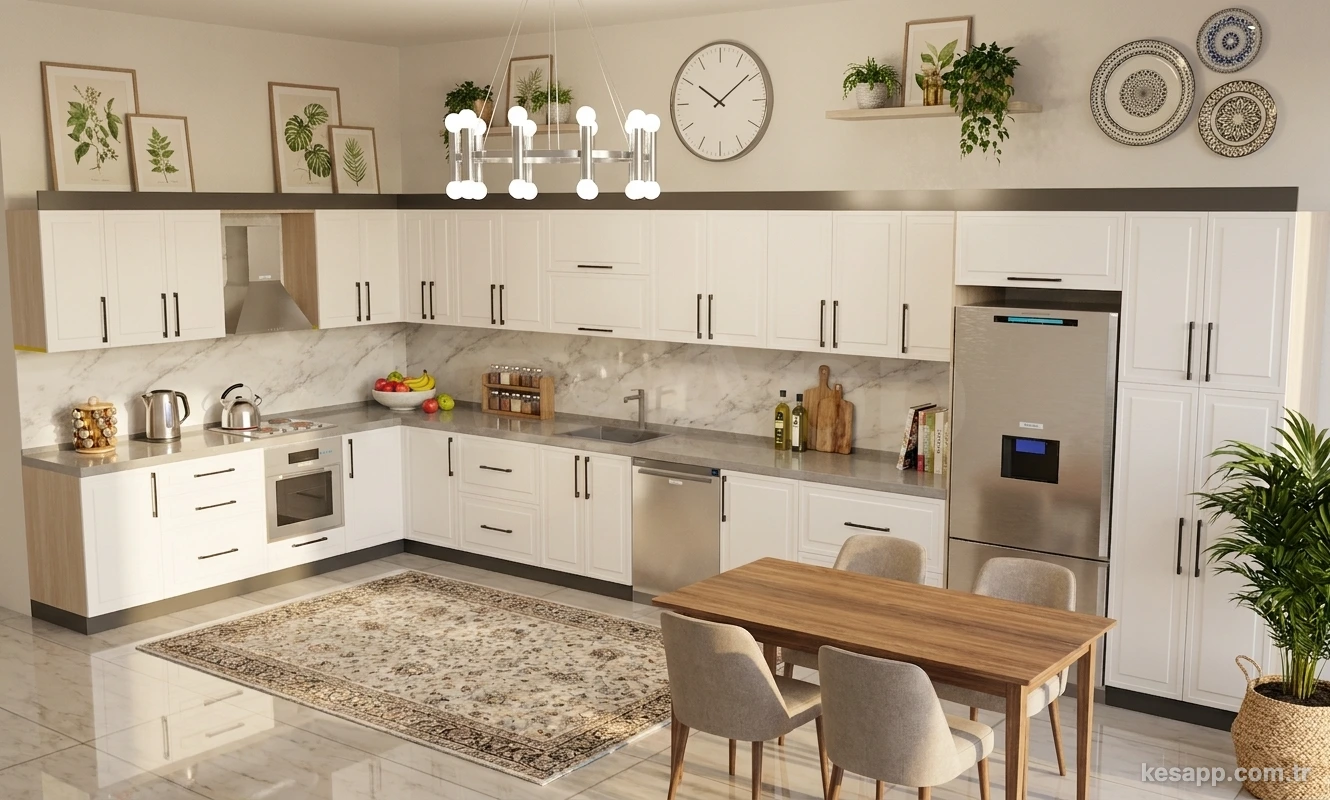 Beyaz kapaklar ve doğal tonlarla L mutfak render çalışması